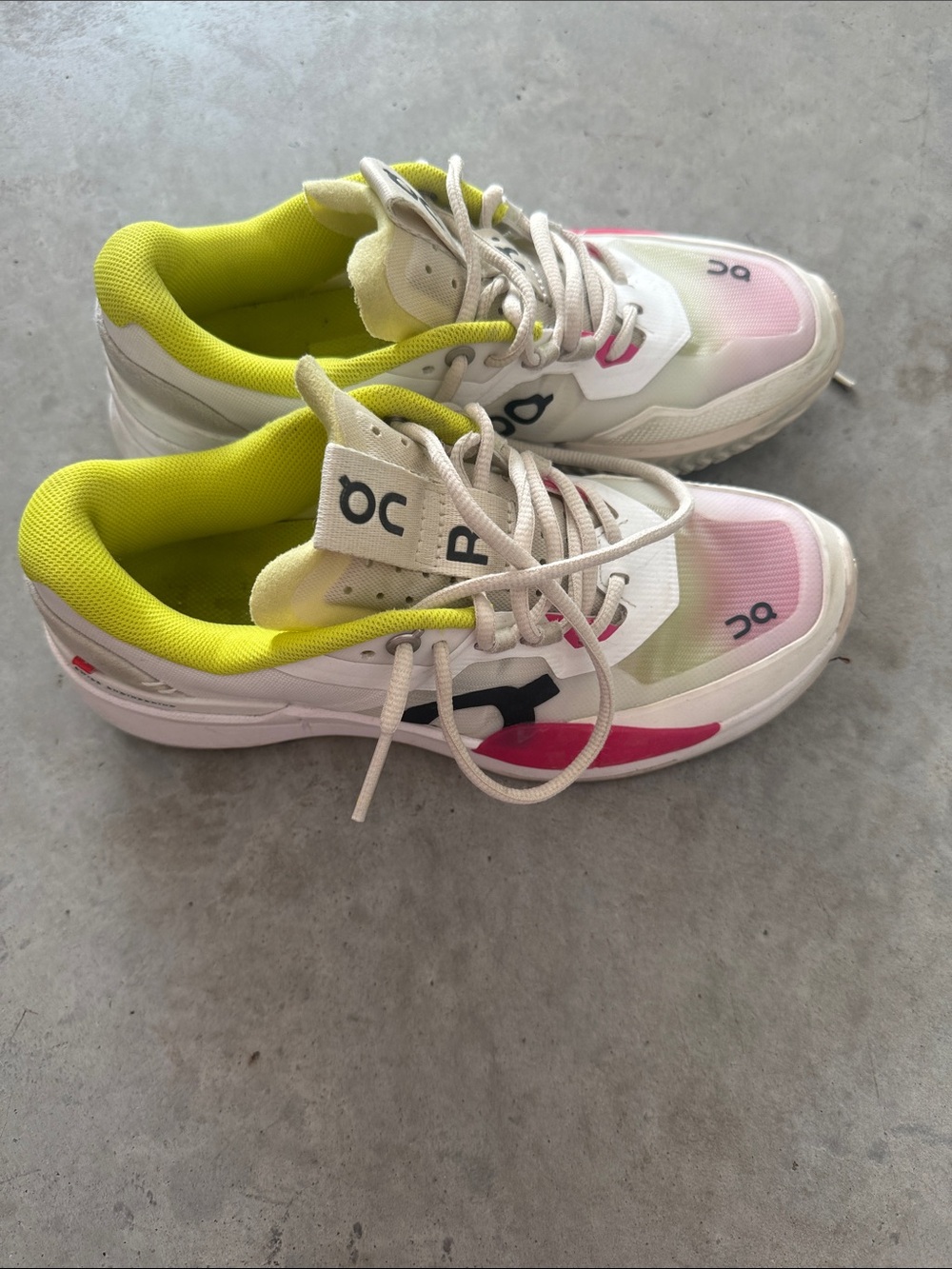 On Running Women's White Athletic Sneakers with Pink and Neon Yellow Accents - Picture 5 of 7